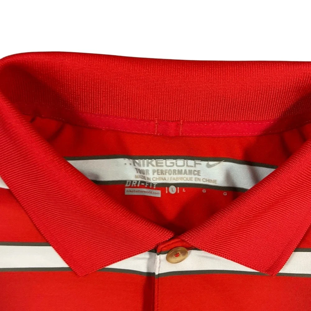 Nike Golf Polo Shirt Large Red Striped Tour Performance Short‎ Sleeve